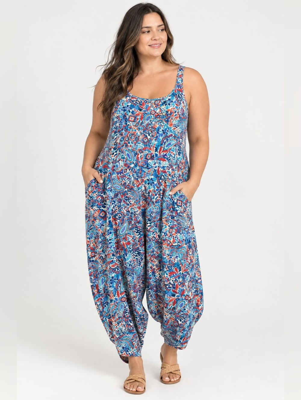 Cocomo L Blue Red Paisley Floral Harem Jumpsuit Romper Strappy Back
